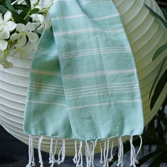 Fouta en coton biologique Blanc et Menthe 100 x 200cm