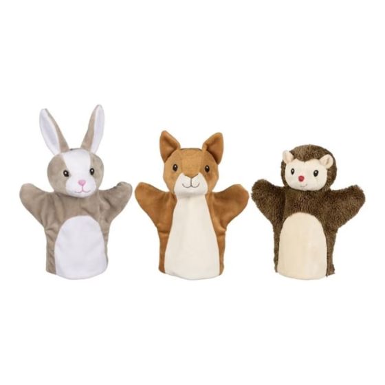 3 Marionnettes animaux 24 cm - Ecureuil, lapin et hérisson