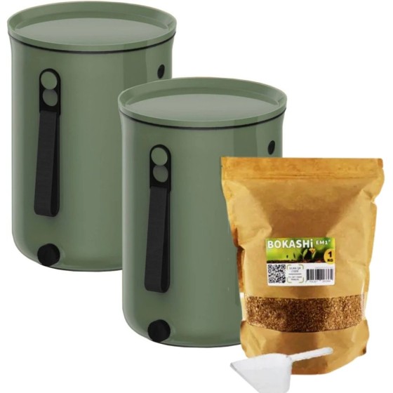 Lot de 2 composteurs Bokashi Organko 2 – 9,6 L – Olive – Activateur inclus