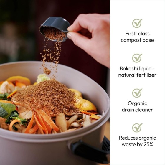 Composteur Bokashi Essential + base – 15,3 L – Gris clair – Activateur inclus