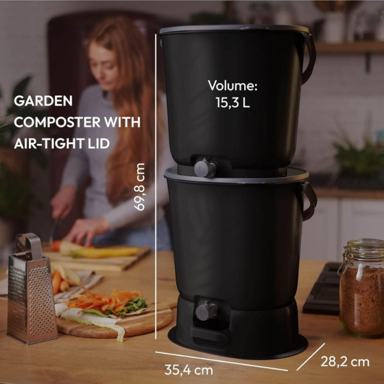 Lot de 2 composteurs Bokashi Essential + base – 15,3 L – Gris foncé – Activateur