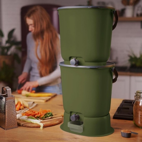 Lot de 2 composteurs Bokashi Essential + base – 15,3 L – Olive – Activateur incl